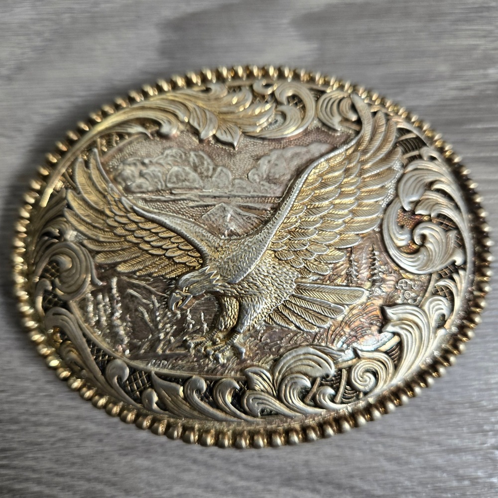 Award Design Medals Gold Silver Vintage Belt Buckle  Western Eagle Scrollwork 3D